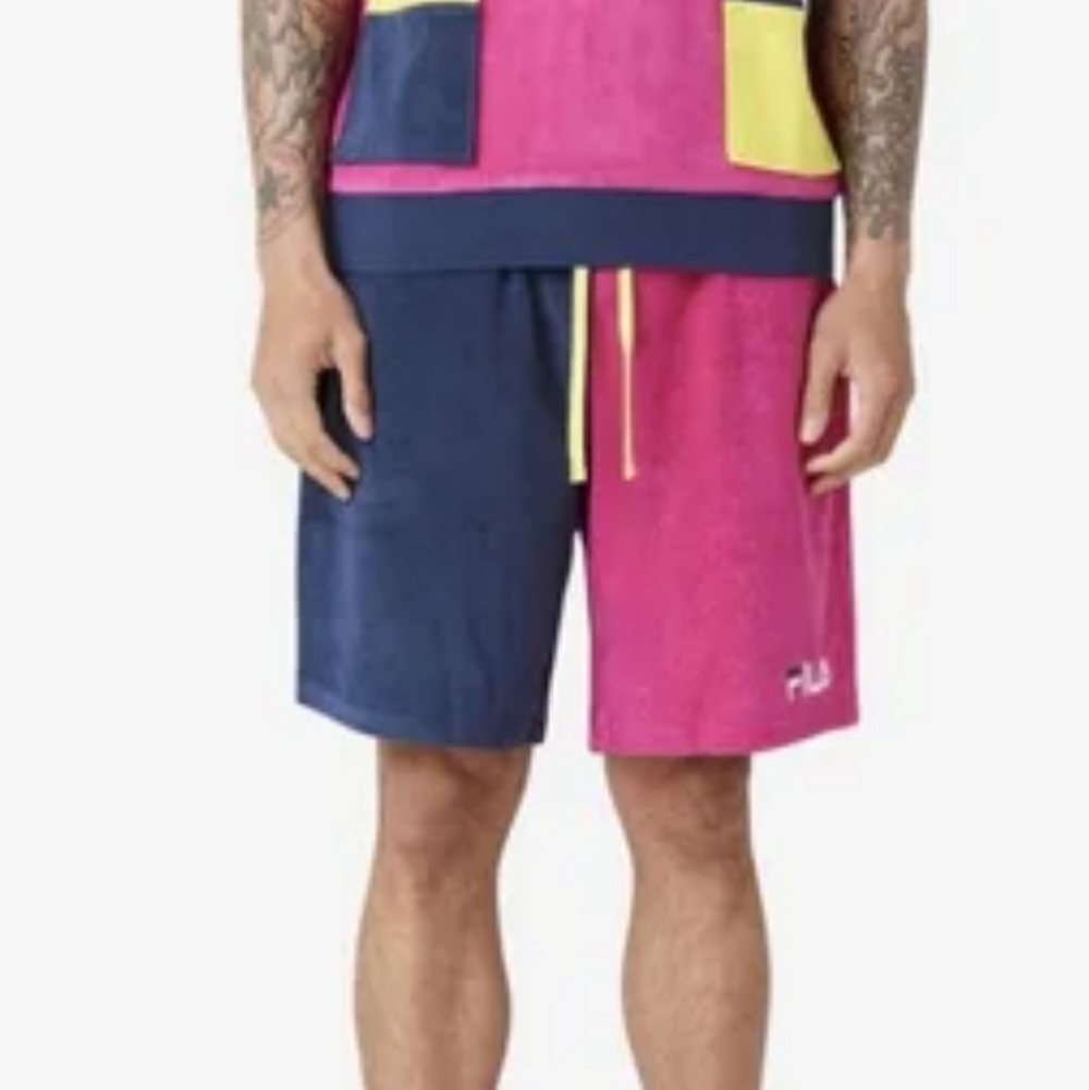 XL NWT FILA Analu Terry Polo & Kalili Shorts Towel Cloth Pink Blue Yellow